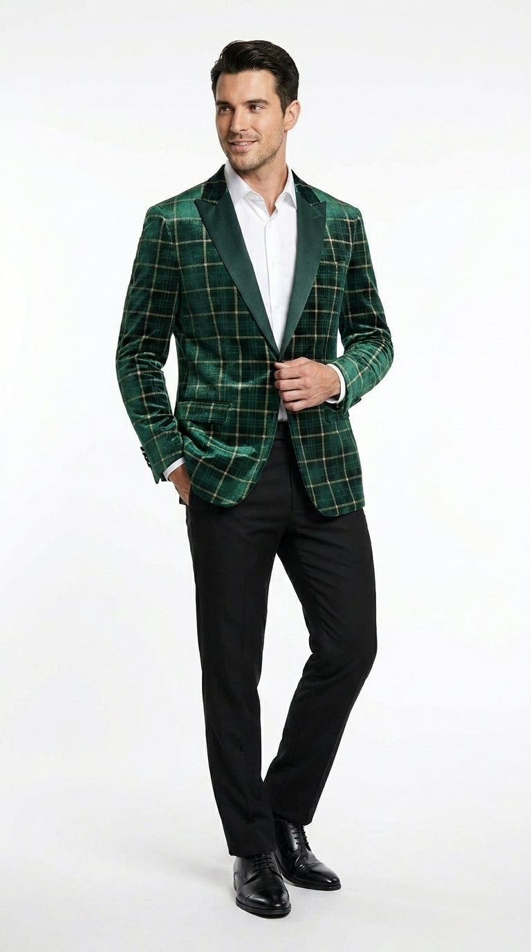 Men’s Green and Gold Plaid Christmas Holiday Blazer – Classic Check Party Jacket for New Year, Wedding and Festive New Year event - 36 Short