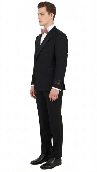 Tiglio Brand 100% Wool Super 150s Italian fabric Mens Classic Black Double-Breasted Tuxedo with Satin Peak Lapel Formal Wedding & Gala Suit Set