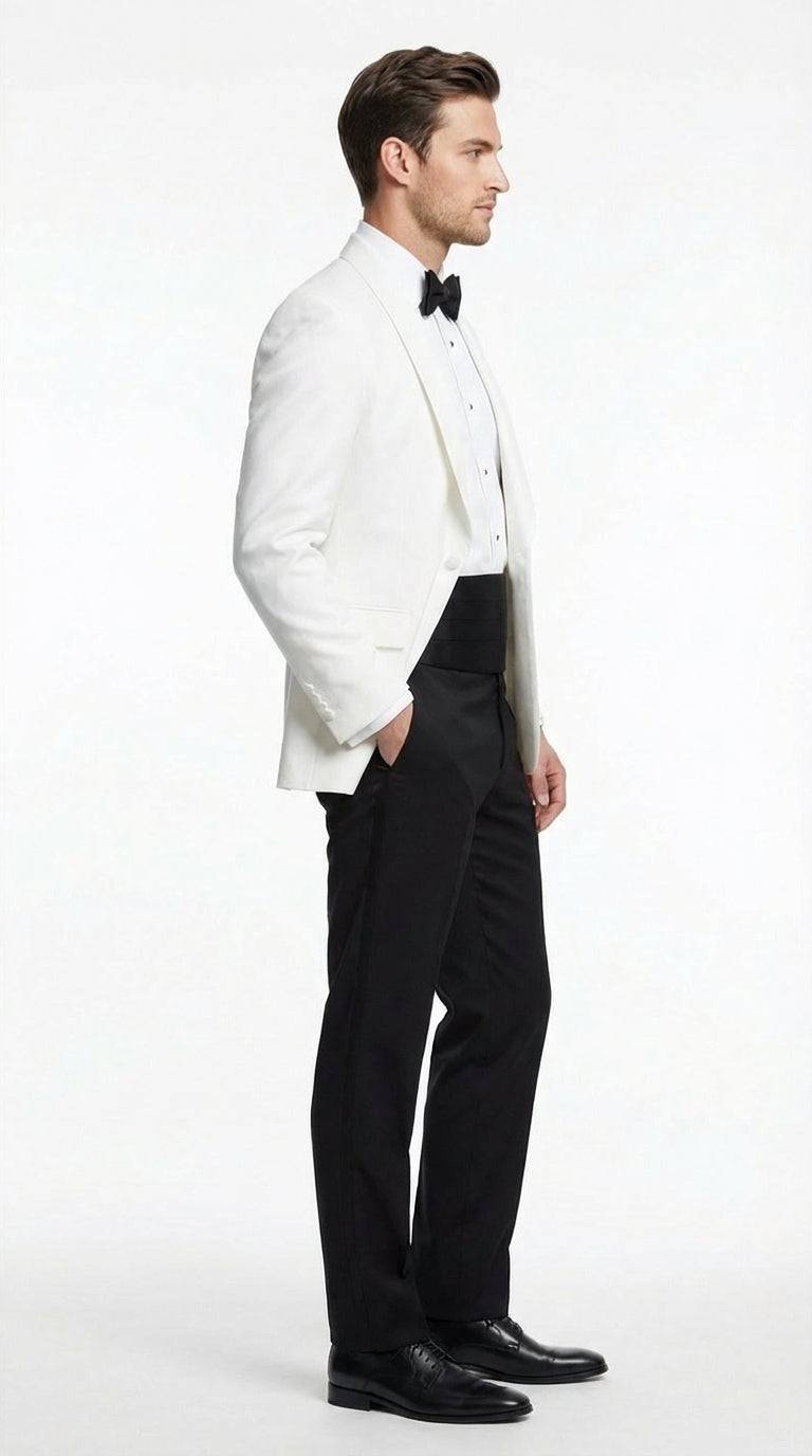 Men's White Dinner Jacket Tuxedo Blazer with Black Satin Shawl Lapel  With Black Tuxedo Pants - 34 Short or Extra Small