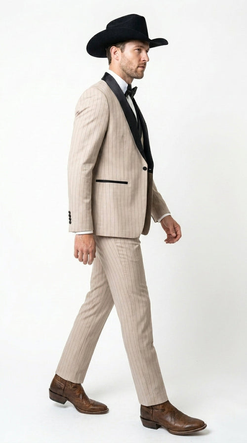 Men’s Beige Pinstripe Western 3 Piece Tuxedo Suit with Black Shawl Lapel, Formal Cowboy Wedding Prom Suit in Tan Khaki Color