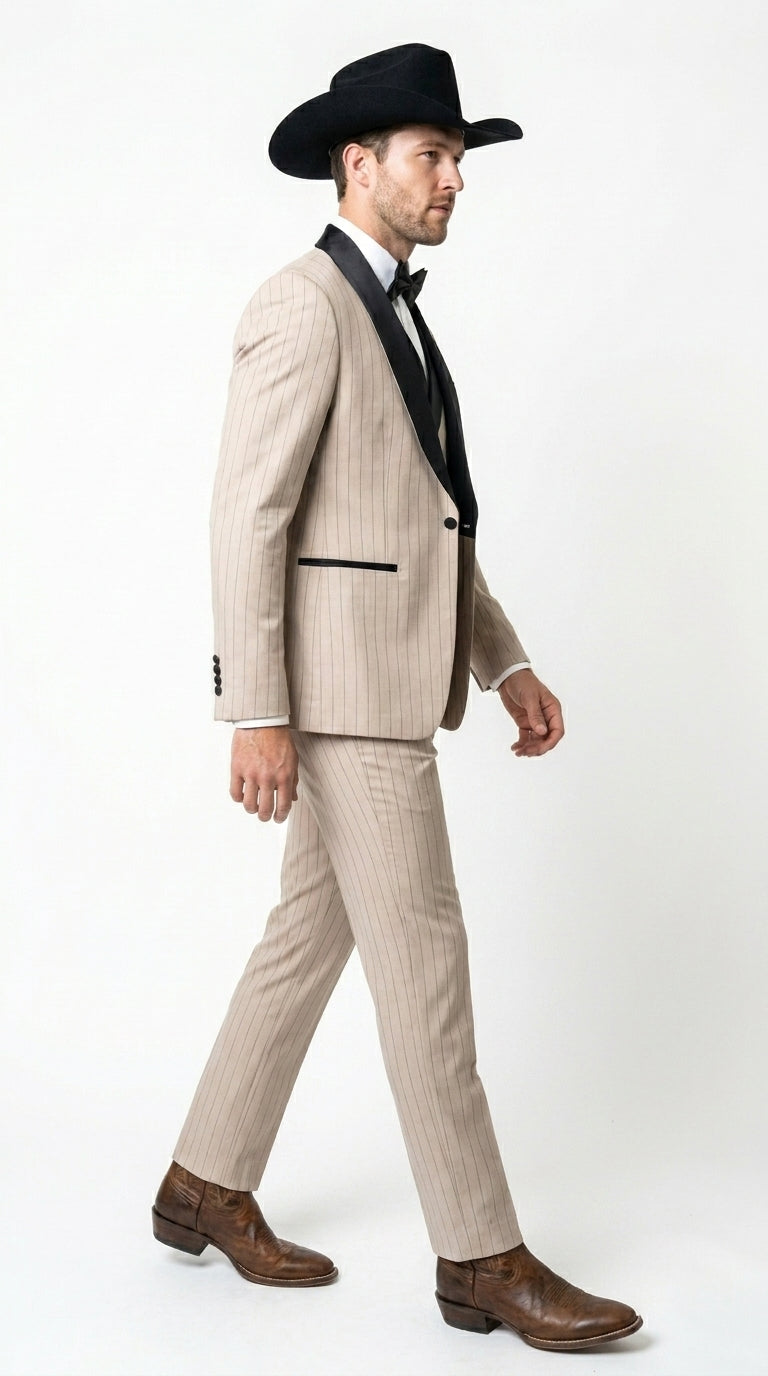 Men’s Beige Pinstripe Western 3 Piece Tuxedo Suit with Black Shawl Lapel, Formal Cowboy Wedding Prom Suit in Tan Khaki Color - 34 Short or Extra Small