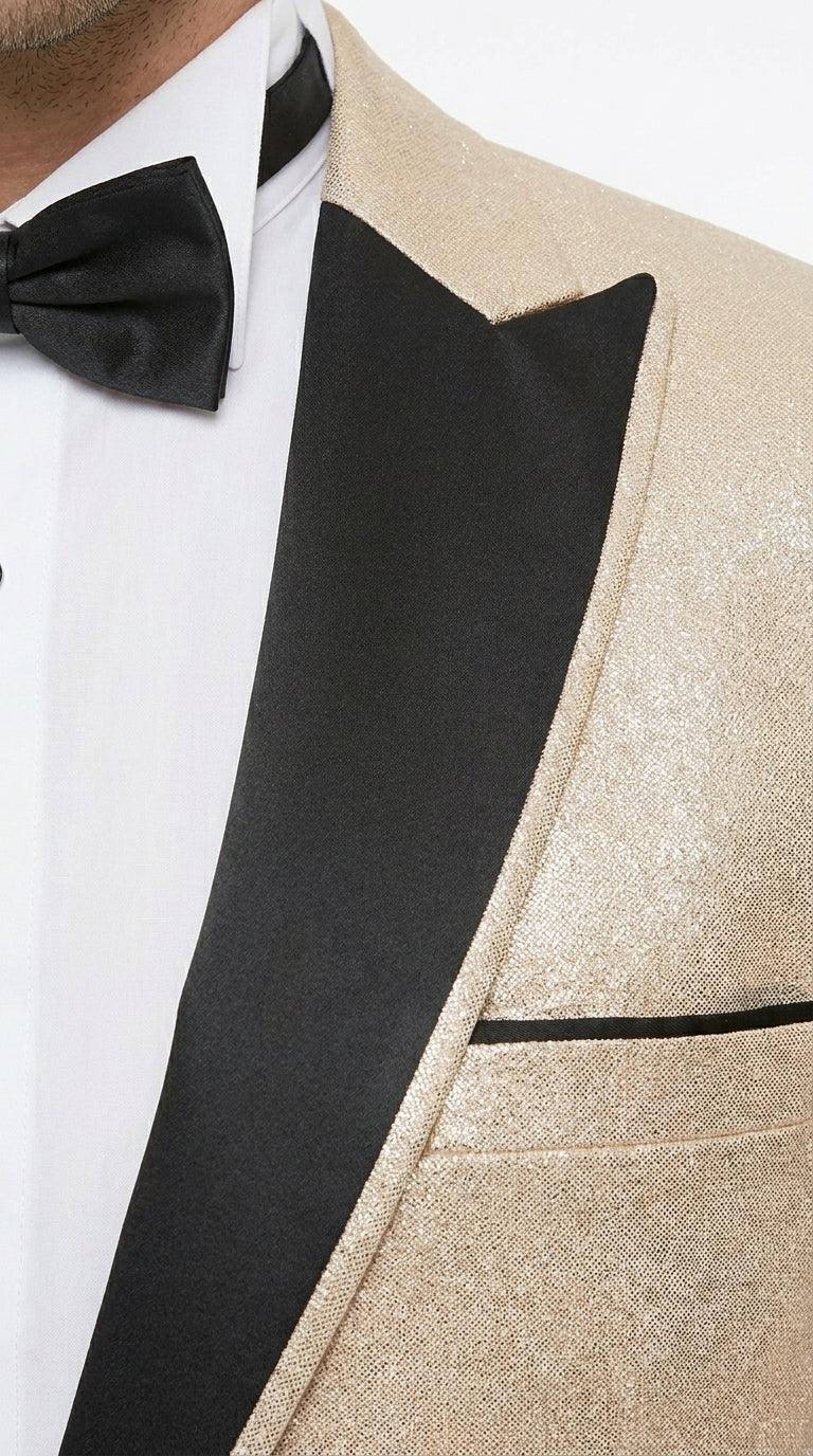 Men’s Gold Blazer with Black Lapel – Elegant Gold Formal Blazer Jacket for Wedding, Prom, Tuxedo in champagne Color - 36 Short