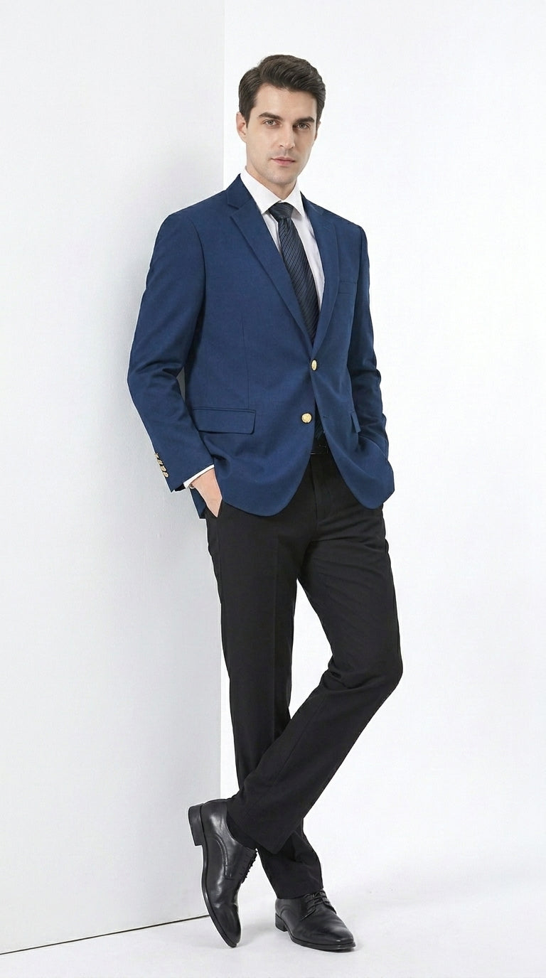 Men’s Sapphire Indigo Cobalt Blue Blazer with Gold Buttons – Classic Single Breasted Formal Business Jacket for Office, Wedding - 36 Short
