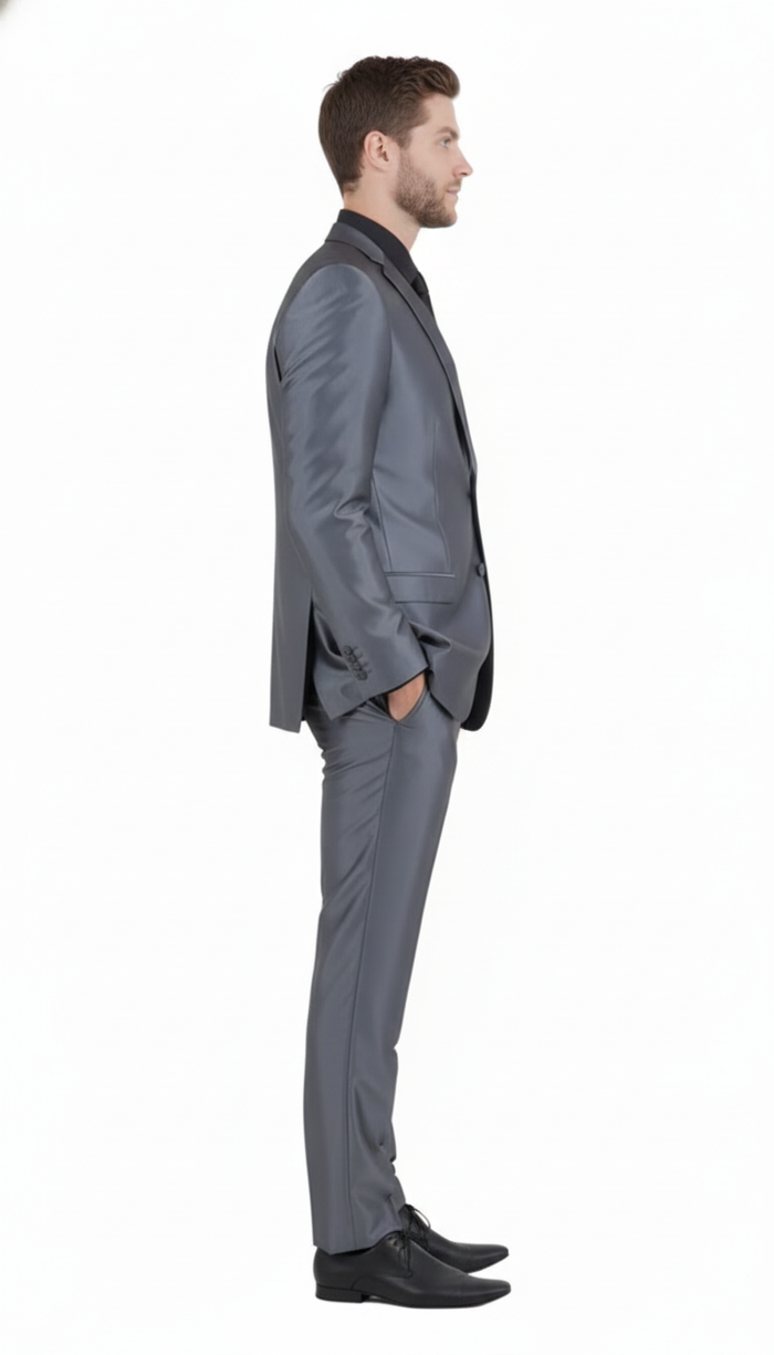 Mens Dark Grey Shiny Two-Piece Suit Slim Fitted Formal Jacket and Tailored Pants - Sateen Metalic in Charcoal Gray Color