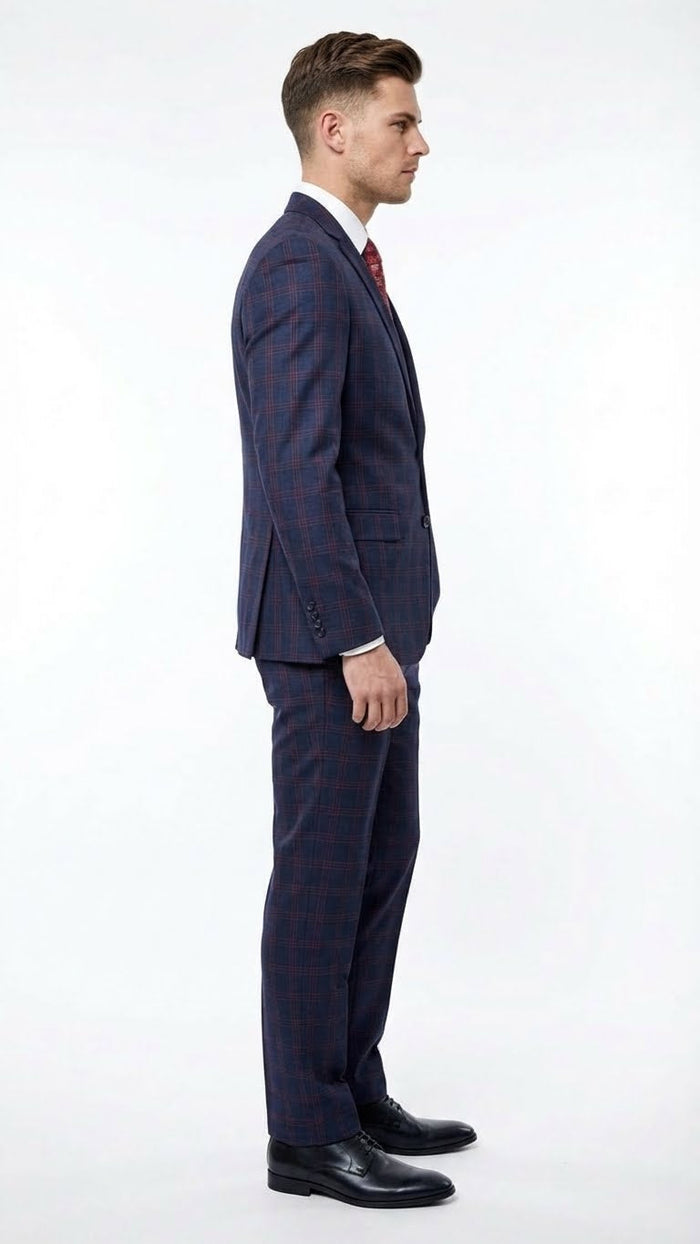 Mens Navy Blue and Burgundy Checkered Two-Piece Suit Plaid Windowpane Flat Front Pants or Pleated Wide Leg Pants - 100% Wool