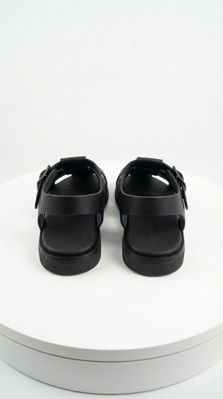 Mens Black Leather Sandals – Buckle Strap Casual Summer Shoes Breathable Open Toe Comfort Footwear - 39 (6-6.5 US)
