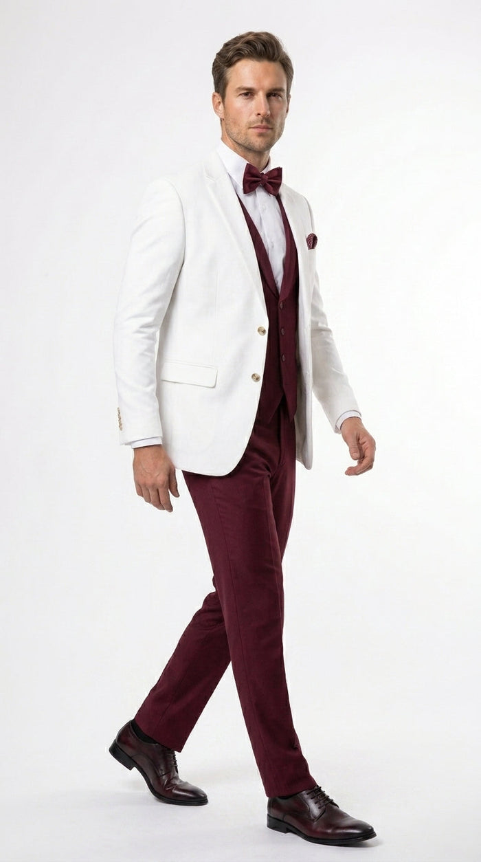 Men’s White and Burgundy 3 Piece Tuxedo Suit, Vested Formal Wedding Prom Dinner Suit Set bowtie included