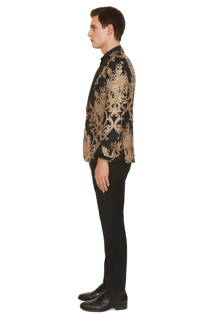 Mens Black and Rose Gold Floral Embroidered Blazer Suit Black Pants Luxury Tuxedo Jacket for Weddings, Proms and Parties