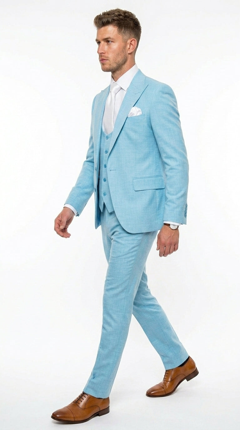 Men’s Turquoise Light blue Suit, Vested Formal Dress Suit for Weddings, Prom, Summer Parties, and Special Occasions in Aqua Blue Color By Rossiman - 34 Short or Extra Small
