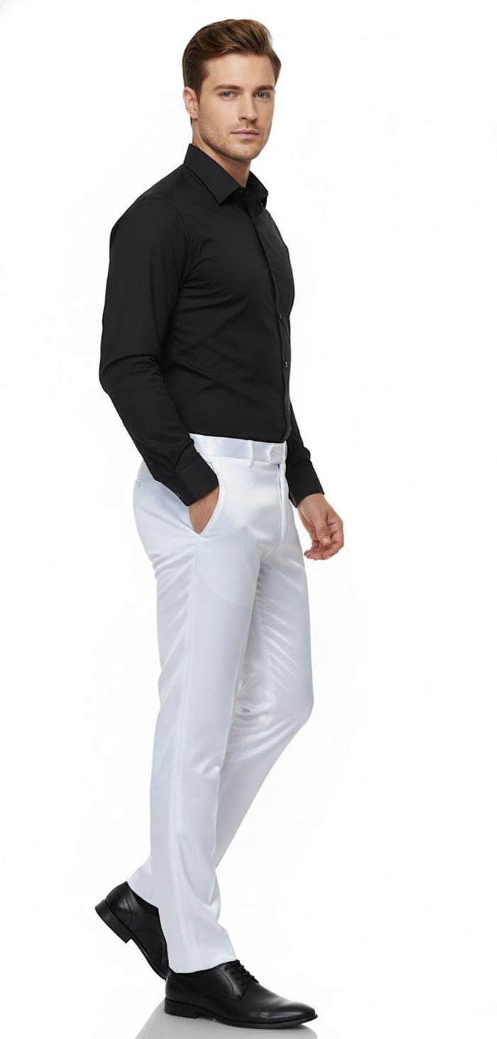 Mens White Satin Slim Fit Dress Pants Shiny Formal Party and Wedding Trousers
