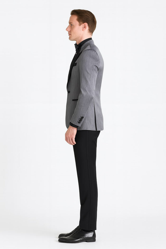 Silver Metallic Tuxedo Suit with Black Satin Peak Lapel Mens Slim Fit Formal Wedding and Prom Attire in Charcoal Grey With Pants