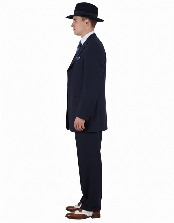 Mens 1920s Navy Blue Zoot Suit Classic Gangster 3-Piece Long  - Pleated Pants