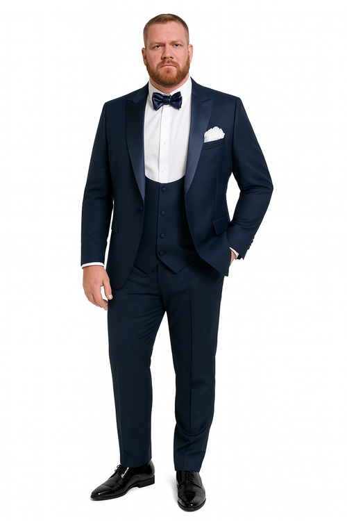 Mens Navy Blue Tuxedo with Satin Peak Lapel with navy sateen – 3 Piece Formal Suit with Vest and Bow Tie