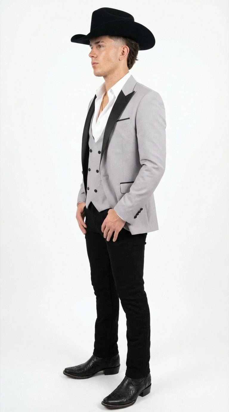 Men’s Light Gray Cowboy Tuxedo with Black Satin Lapel – Western Formal Suit with Double Breasted Vest - 34 Short or Extra Small