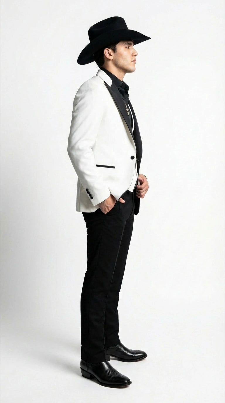 Men's White Cowboy Tuxedo With Black Satin Lapel Western Formal Suit Matching Vest 34 Short or Extra Small Men's White Cowboy Tuxedo With Black Satin Lapel Western Formal Suit Matching Vest 34 Short or Extra Small