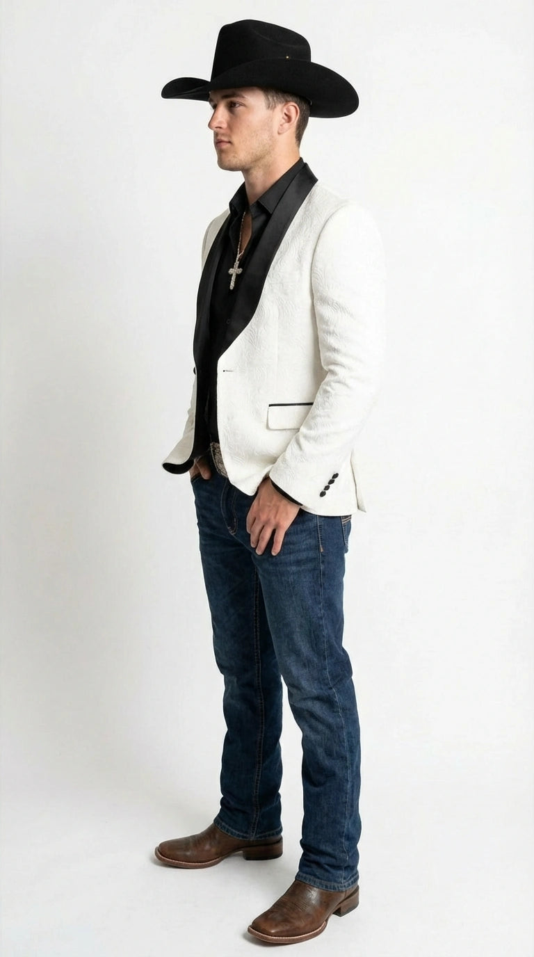 Men’s White Cowboy Blazer with Black Shawl Lapel – Western Formal Jacket for Wedding and Special Events - 36 Short