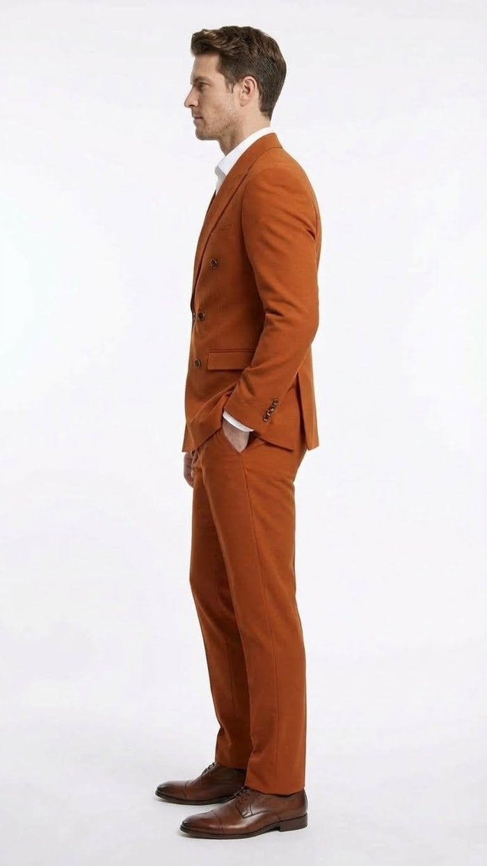 Vitali Brand Mens Burnt Orange Double Breasted Suit in Rust Brick Copper Color