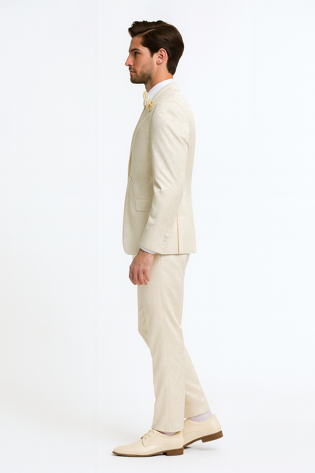 Men’s Champaign Ivory  Jacquard Paisley Tuxedo Suit with Satin Shawl Lapel – Elegant Wedding and Prom Outfit By Rossiman - S