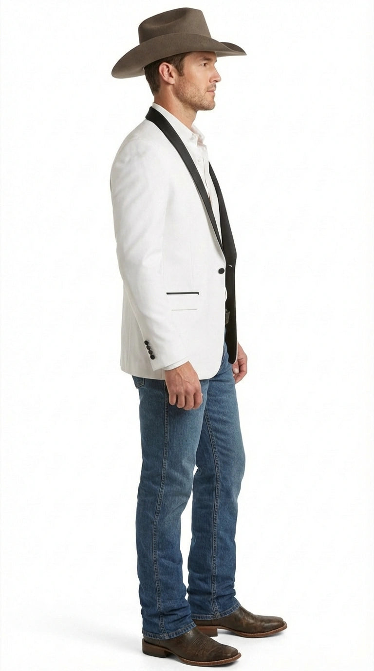 Men’s White Cowboy Blazer with Black Satin Lapel – Western Formal Tuxedo Style Jacket - 36 Short