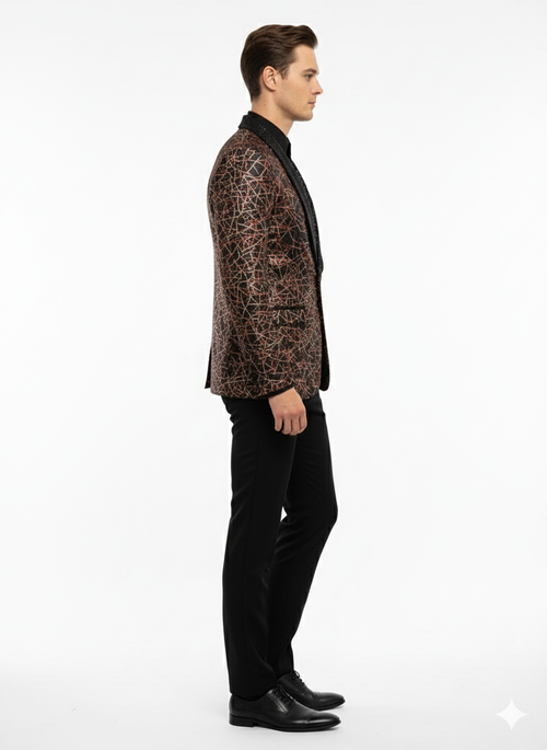 Mens Black Shiny Designer Blazer with Red and Gold Pattern Luxury Party & Wedding Jacket
