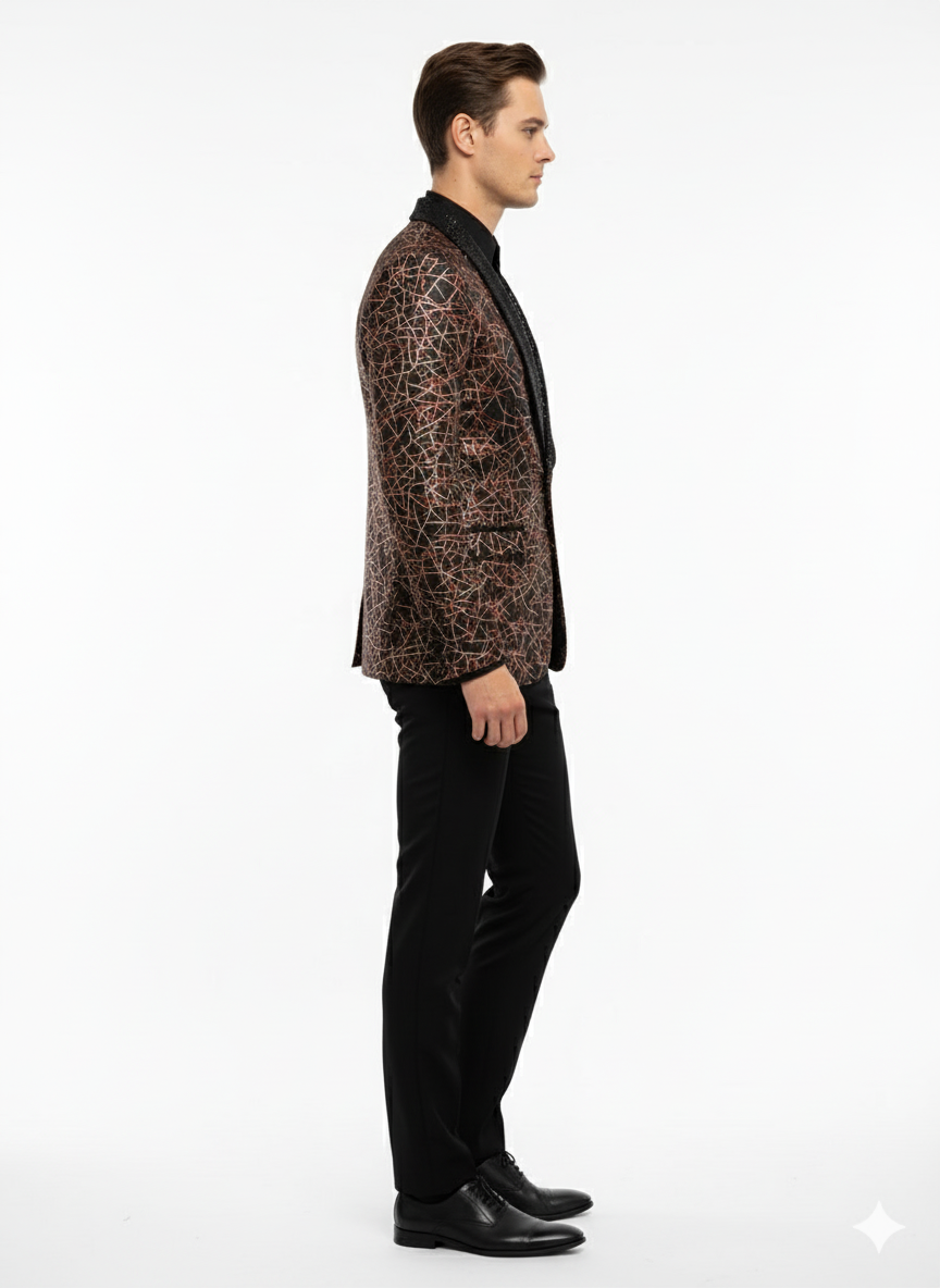 Menâ€™s Black Shiny Designer Blazer with Red and Gold Pattern â€“ Luxury Party & Wedding Jacket - 36 Short