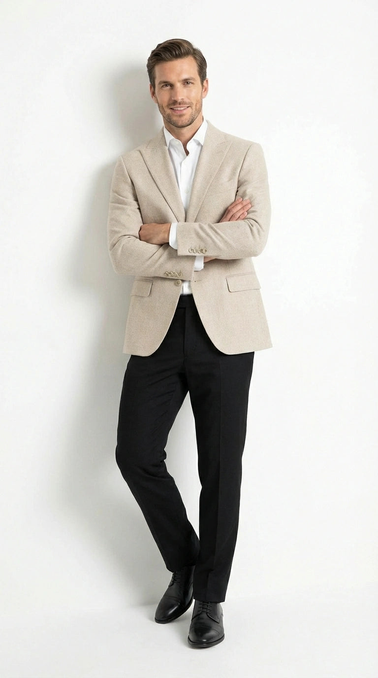 Zacchi Men’s Beige Hopsack Blazer – Classic Two Button Sport Coat with Peak Lapel Formal Jacket - 36 Short