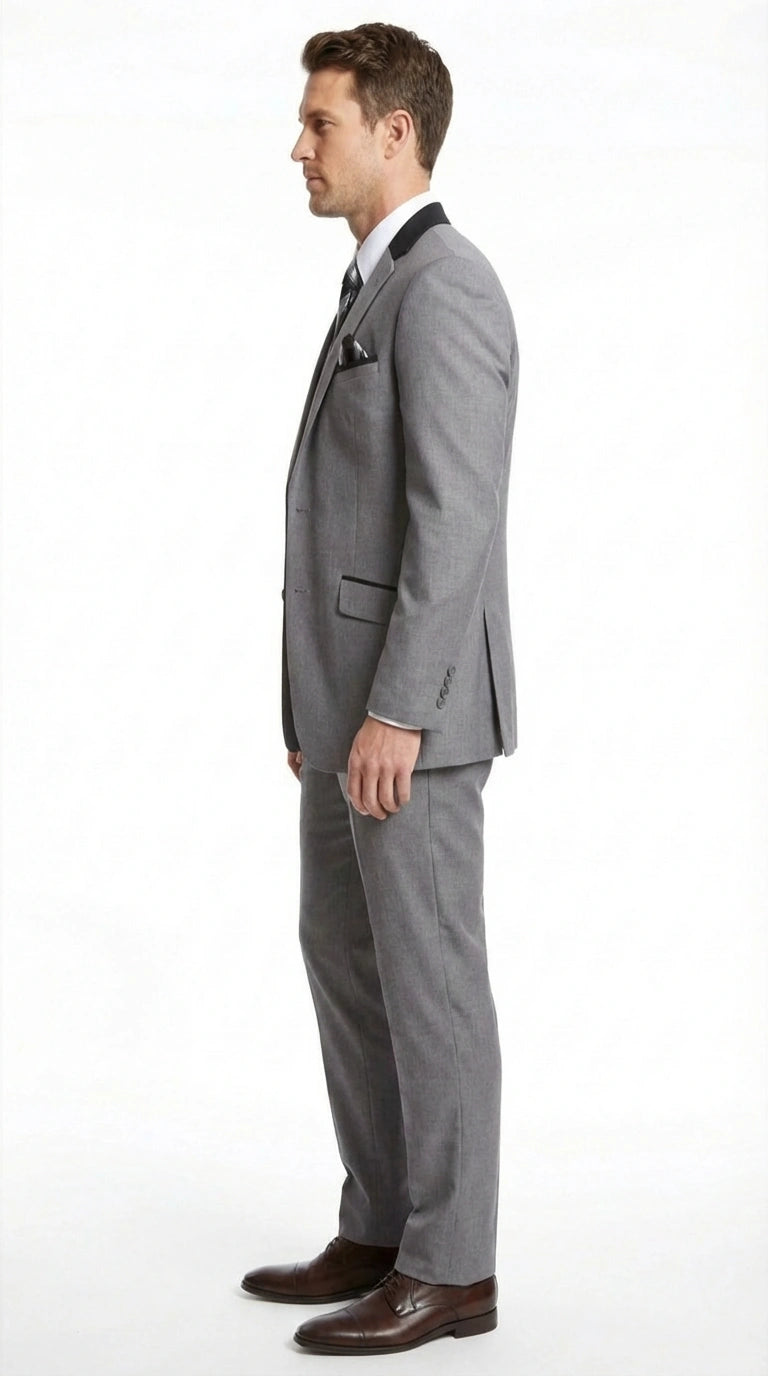 Men’s Light Gray Three Piece Suit with Black Chesterfield Collar  – Classic Formal Wedding and Business Suit Set 1920s Vintage - 34 Short or Extra Small