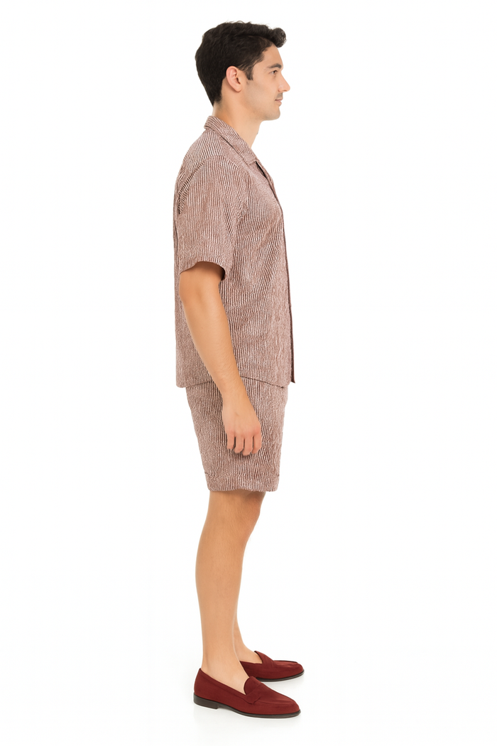 Mens Burgundy Reddish Seersucker Short Set Walking Suit Two-Piece Cuffed Shorts with Expandable Waist