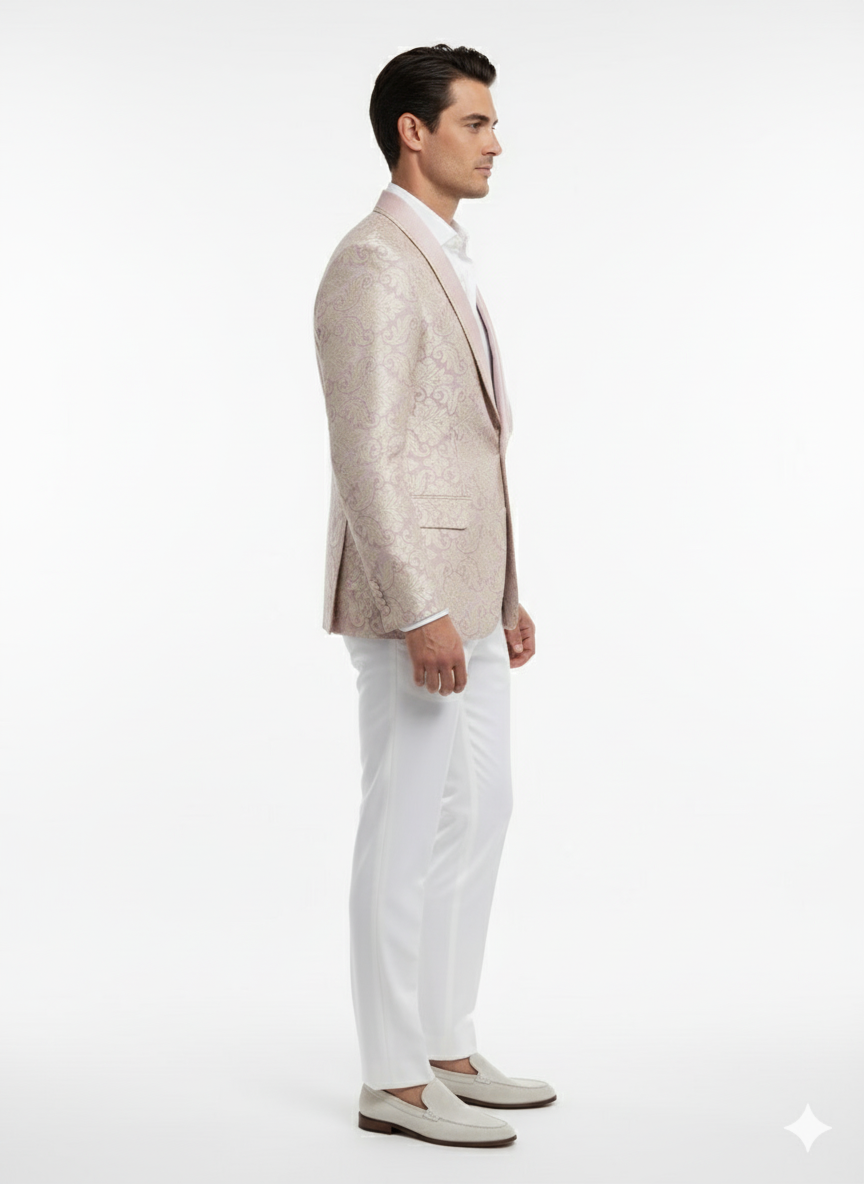 Menâ€™s Lavender and Gold Tuxedo Embroidered Lilac Mauve Blazer â€“ Designer Floral Pattern Wedding & Party Jacket - 36 Short