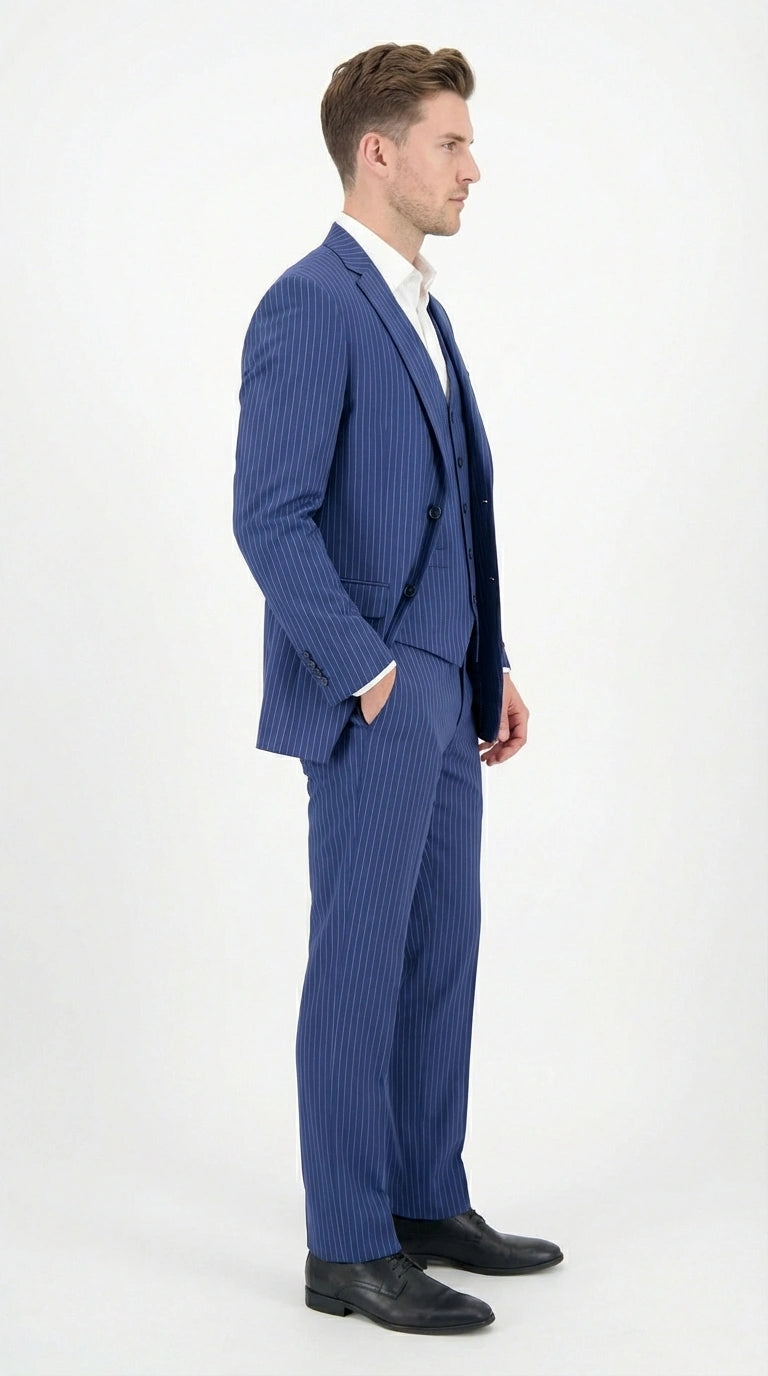 Men’s Royal Blue Pinstripe Three Piece Suit – Classic Formal 3PC Business and Wedding Suit Indigo Teal Saphire Pinstripe - 34 Short or Extra Small