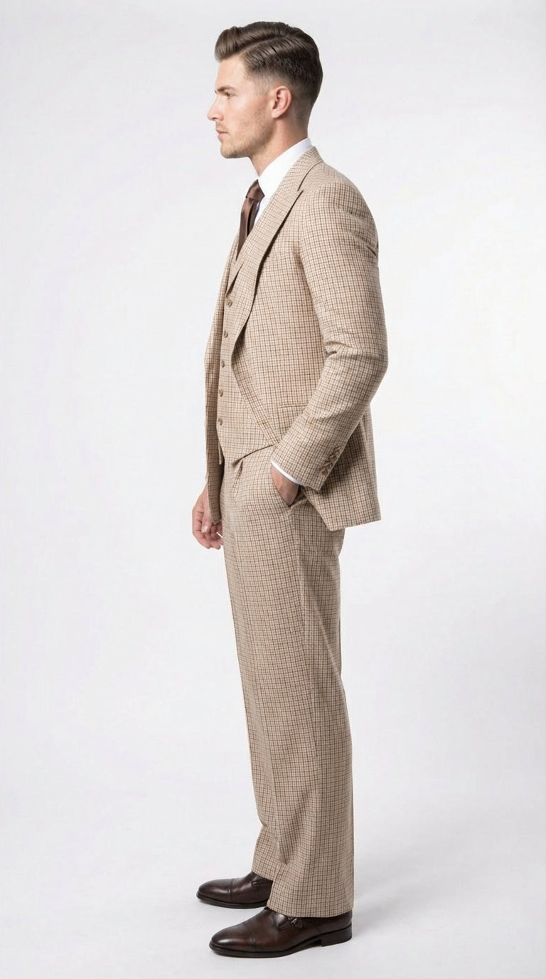 Men’s Beige tan Checkered Three Piece Suit with Classic Fit Wide Leg Pleated Pants by Rossiman khaki color - 34 Short or Extra Small