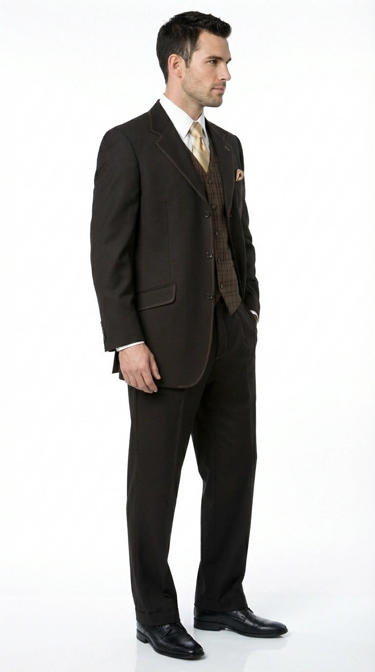 Men’s Dark choclate Brown Three Buttons 3 Piece Suit – Classic Brown 3PC Wedding, Church and Business Formal Suit for Men - 34 Short or Extra Small