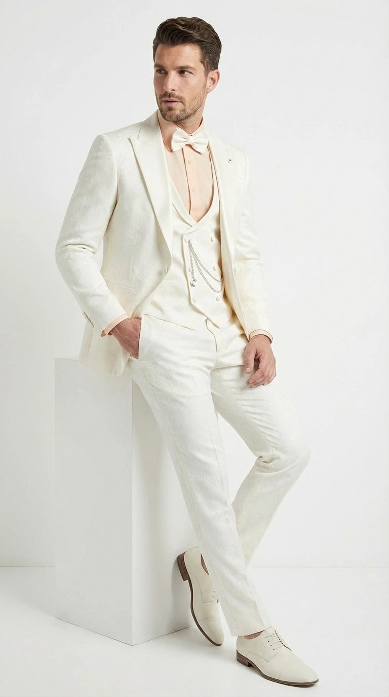 Vinci Men’s Ivory Three Piece Suit – Ivory 3PC Formal Wedding Suit for Groom, Prom and Black Tie Events - 34 Short or Extra Small