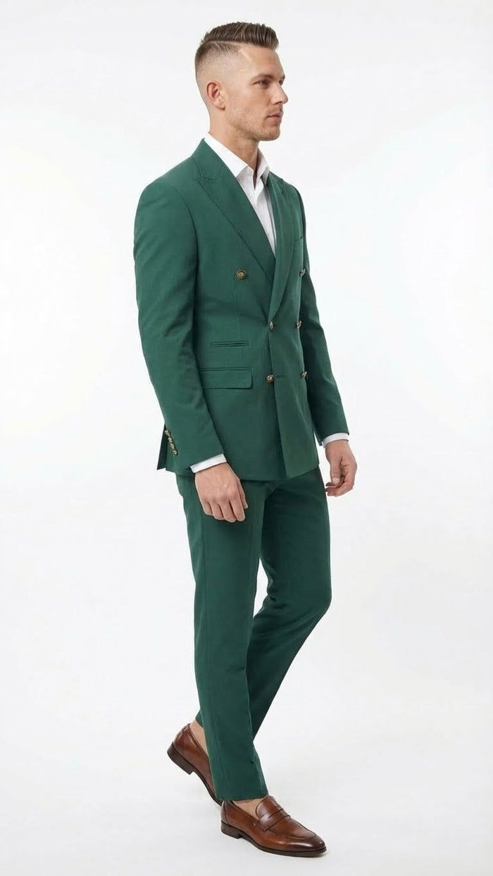 Vitali Brand Mens Emerald Green Double Breasted Suit Modern Fit Side Vented
