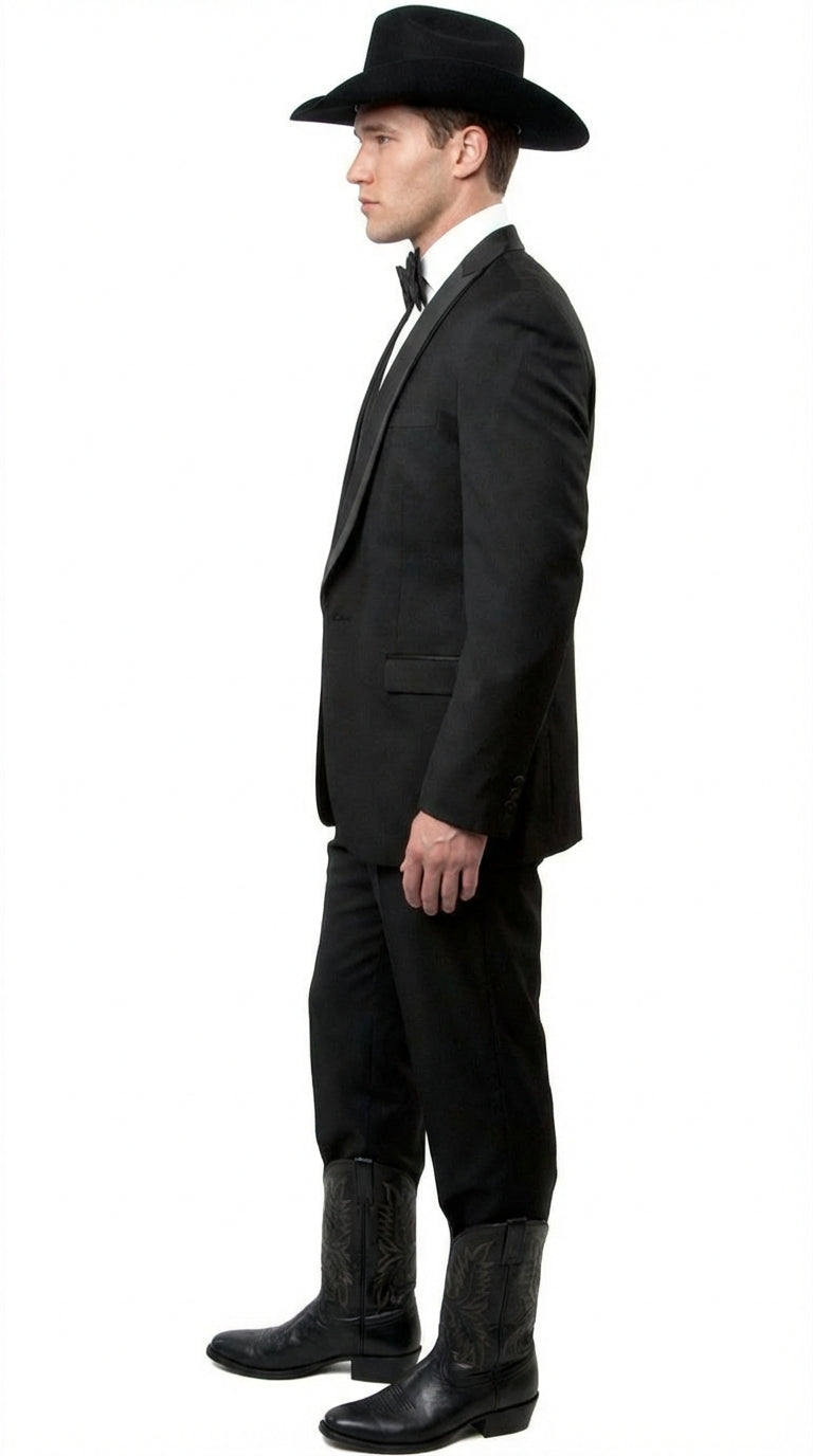 Black Western Tuxedo for Men | Classic Three Piece Formal Wedding Peak Lapel with Trim Collar Cowboy Suit - 34 Short or Extra Small