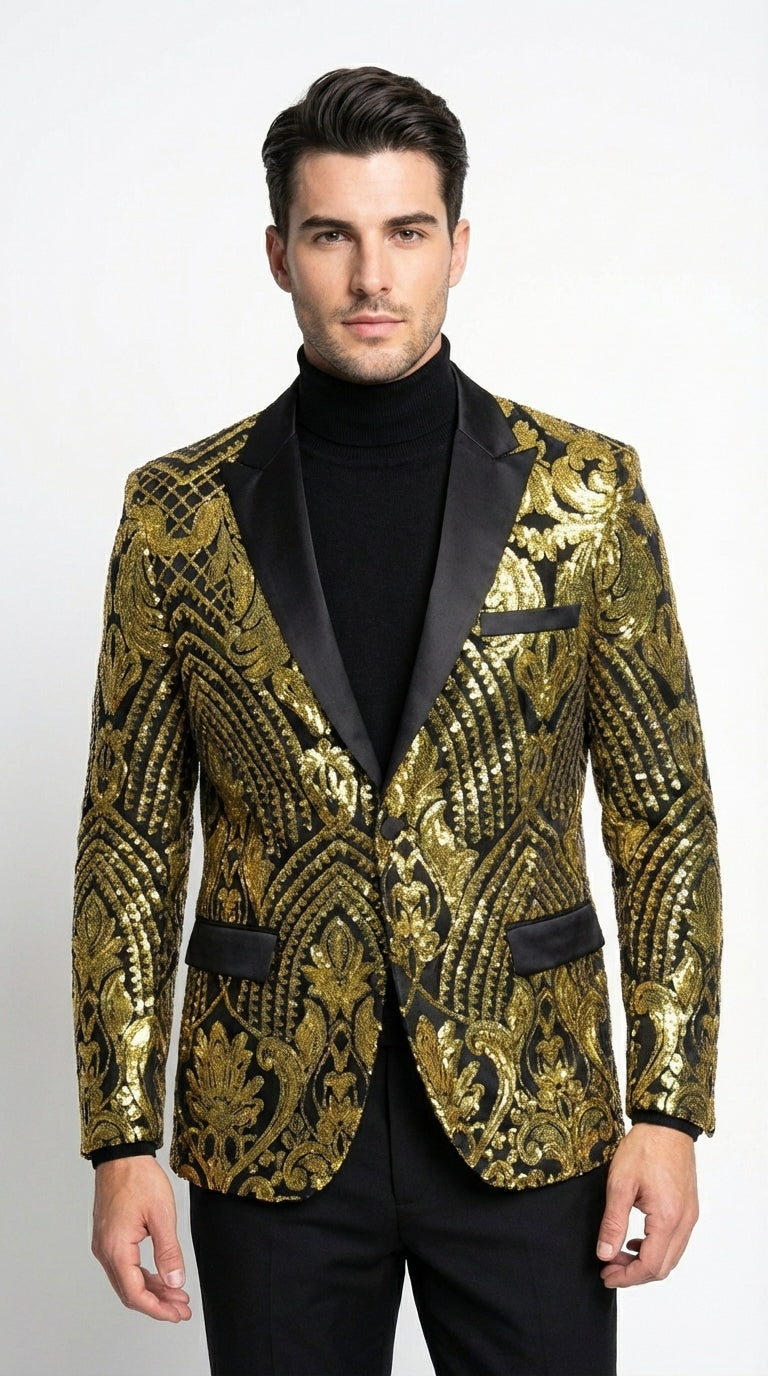 Mens Black and Gold Pattern Blazer – Gold Floral Luxury Formal Blazer Jacket for Prom, Wedding and Party Slim Fitted - S