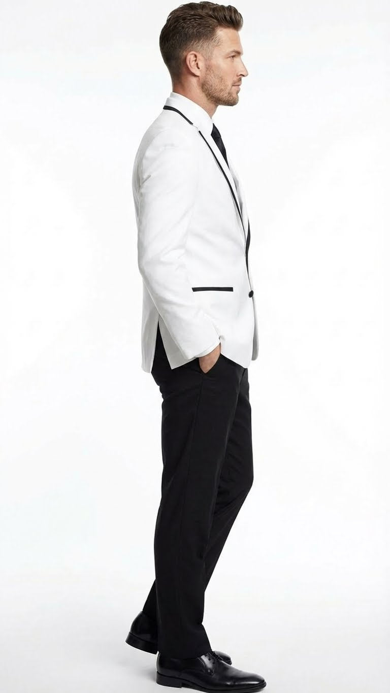 Menâ€™s White Blazer with Black Trim | Wedding and Party Formal Blazer Jacket - White Tuxedo Prom Jacket - 36 Short