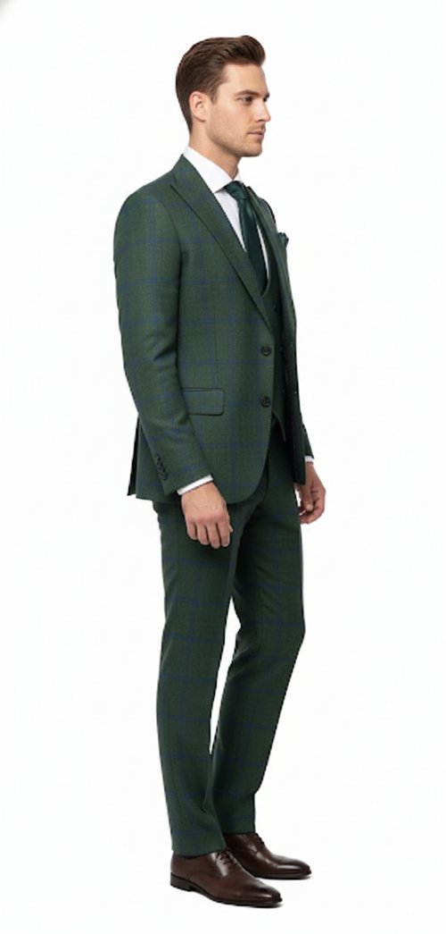 Mens Green Plaid 3-Piece Suit Classic Check Slim Fit Suit for Weddings, Church, and Formal By Rossiman
