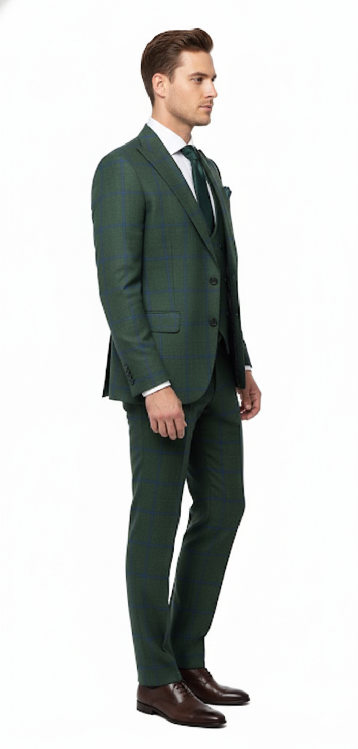 Men’s Green Plaid 3-Piece Suit – Classic Check Slim Fit Suit for Weddings, Church, and Formal By Rossiman - 34 Short or Extra Small