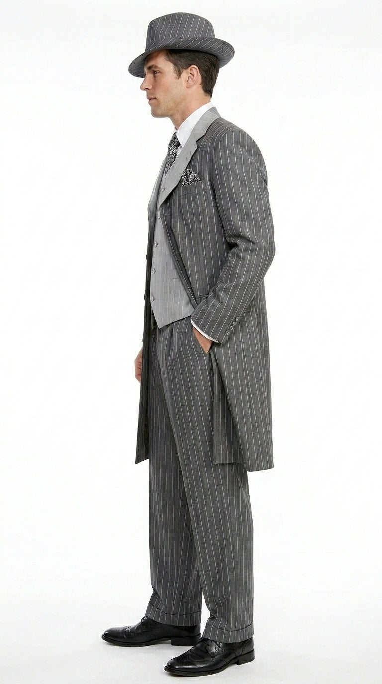Men’s Grey Pinstripe Zoot Suit 3 Piece – 1920s Gangster Vintage Wide Lapel Suit with Vest for Wedding, Party - 34 Short or Extra Small