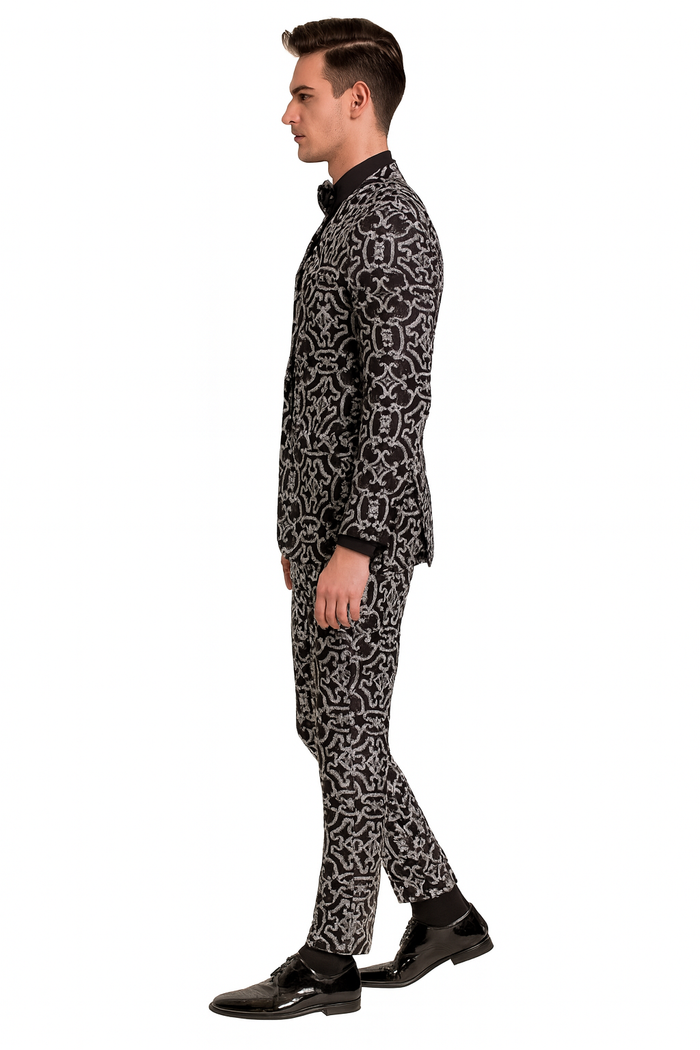 Mens Black and Silver Sequin Tuxedo Slim Fit 2-Piece Party and Wedding Suit with Sparkling Design- Black and White Color
