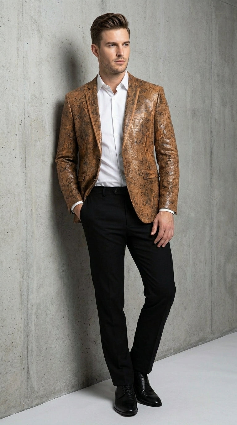 Men’s Brown Snakeskin Pattern Blazer – Stylish Exotic Print Formal Blazer Jacket for Party, Exotic Crocodile Alligator Print - 36 Short