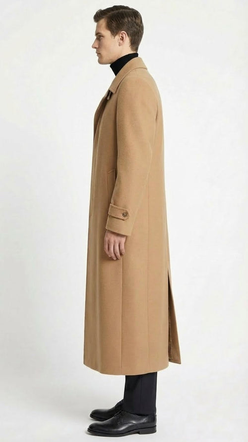 Mens Full-Length Camel Overcoat Classic Long Microfiber-Blend Coat for Winter and Formal Wear Maxi Duster Coat