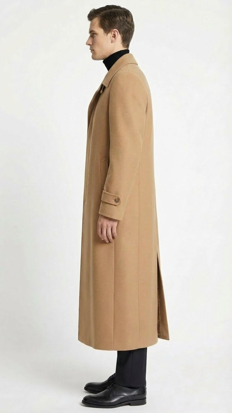 Mens Full-Length Camel Overcoat Classic Long Microfiber-Blend Coat for Winter and Formal Wear Maxi Duster Coat - Coat Size 38