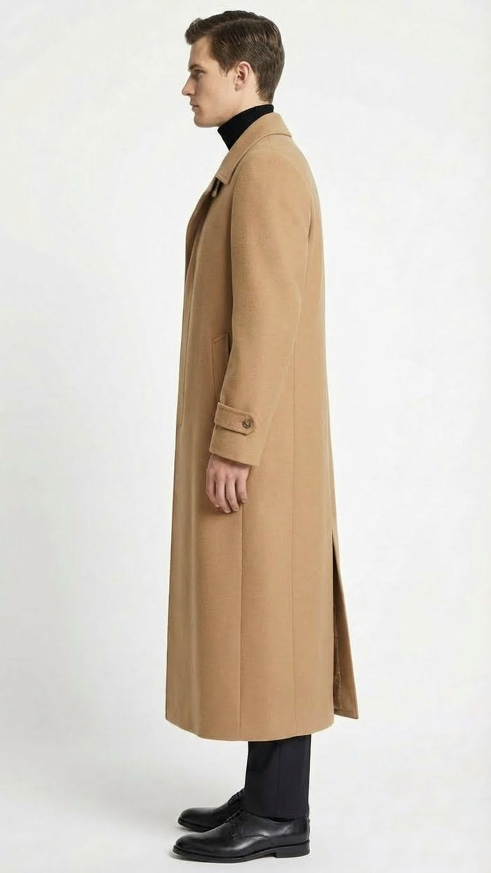 Mens Full-Length Camel Overcoat Classic Long Microfiber-Blend Coat for Winter and Formal Wear Maxi Duster Coat