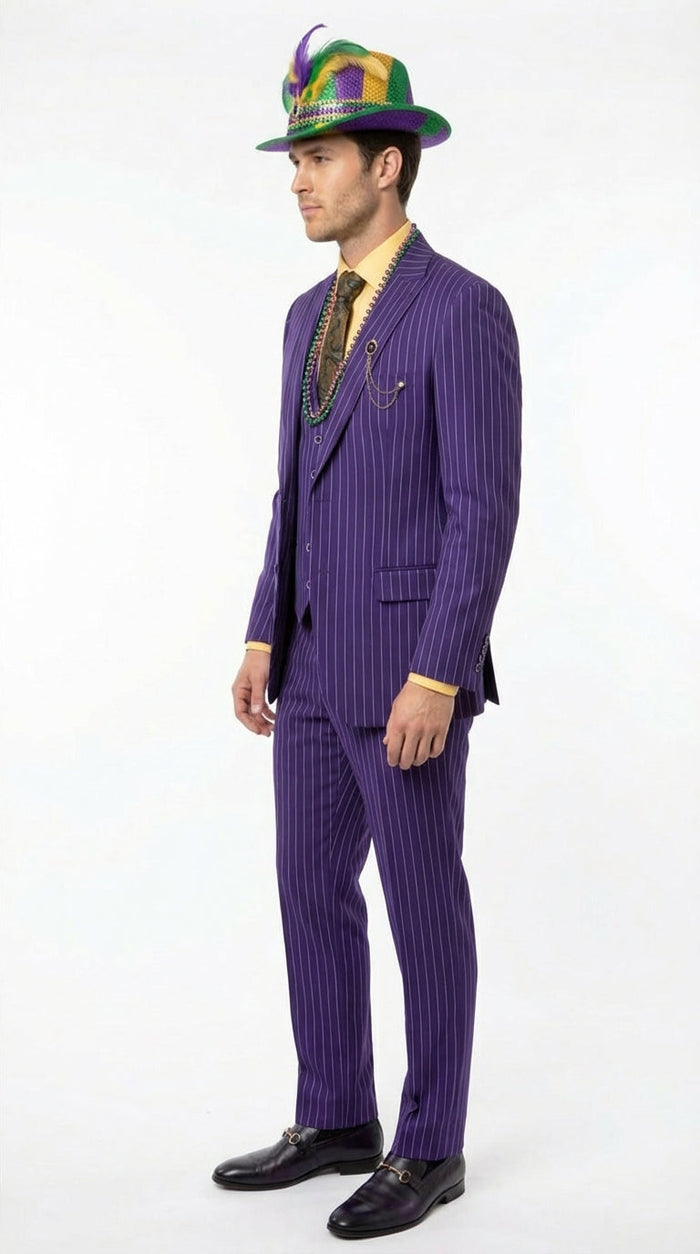Mens Purple Pinstripe Mardi Gras Suit | Three Piece Carnival Formal Suit with Vest