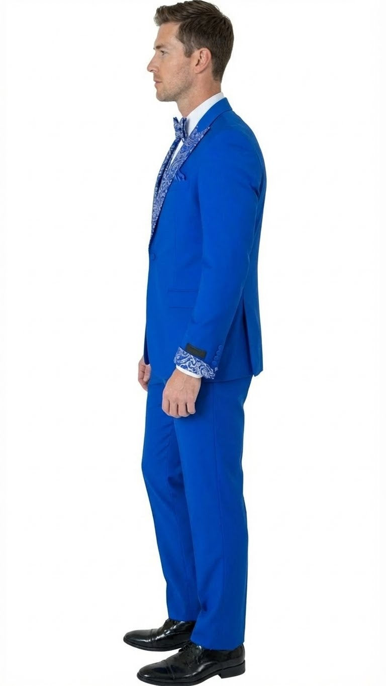 Men’s Bright Royal Blue and White lapel  Embellished Tuxedo Suit –  3-Piece Formal Wedding, Prom, and Gala Outfit - 34 Short or Extra Small