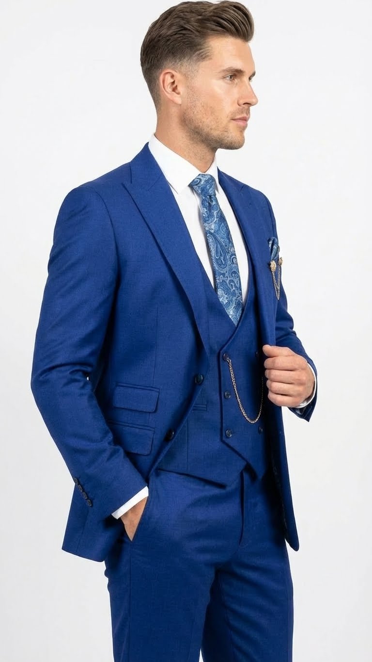Men’s Royal Blue 3 Piece Suit Set with Vest – Formal Wedding and Party Wear Suit - Saphire Cobalt blue - 34 Short or Extra Small