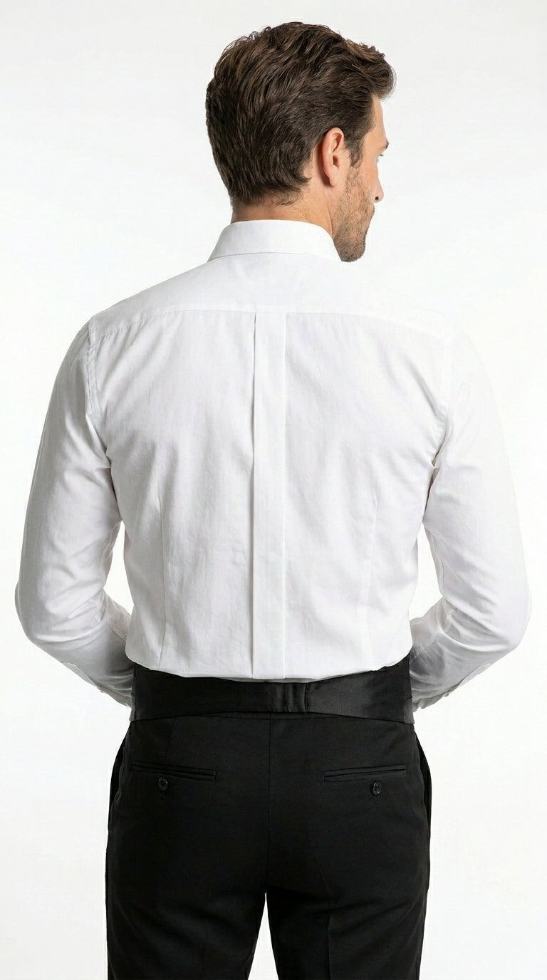 Men’s White Cotton Tuxedo Shirt with Spread Collar, French Cuffs and Pleated Front