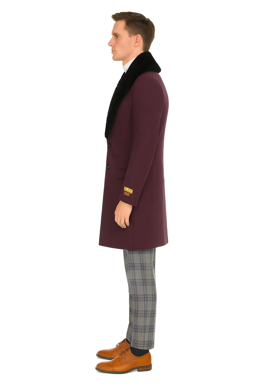 Mens Purple Wool Overcoat with Black Faux Fur Collar – Luxury Winter Dress Coats for Formal and Casual Wears - Coat Size 38